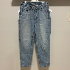 American Eagle Outfitters light wash mom jeans.